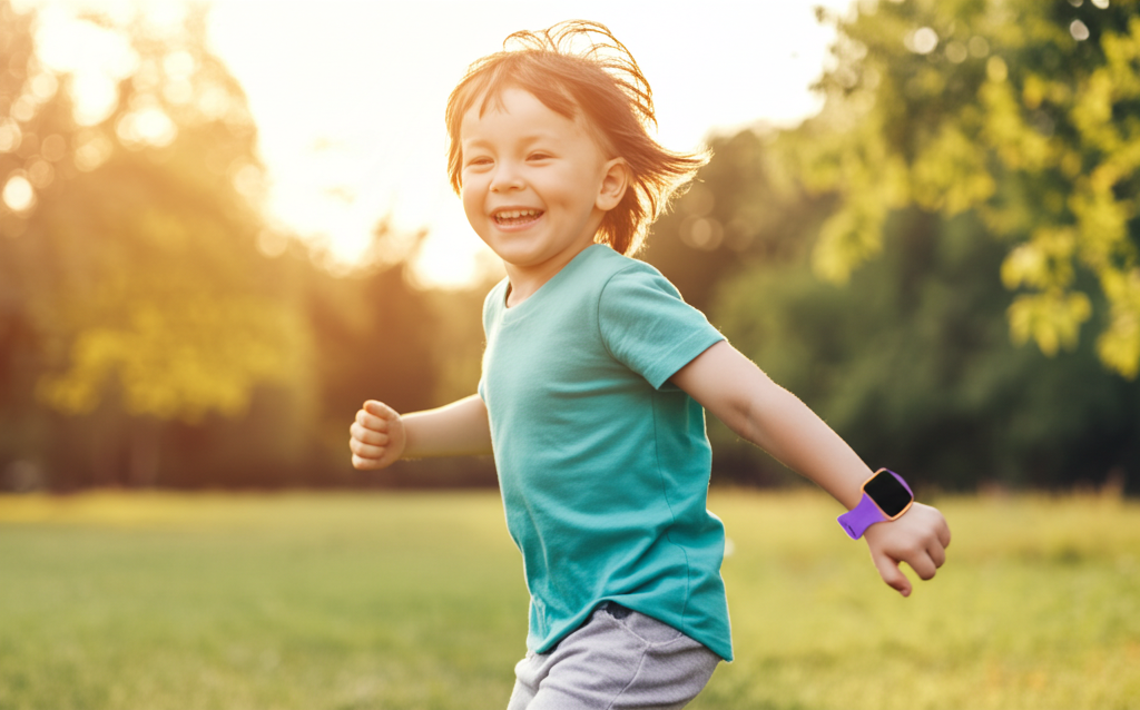 Child playing at park with health band